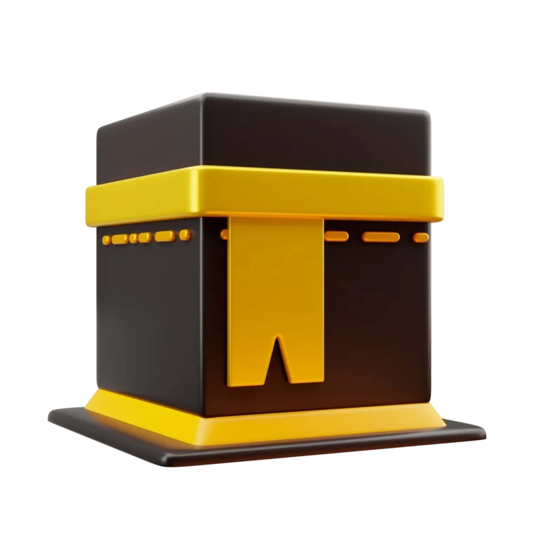 3D illustration of the Kaaba in Makkah with black and yellow accents, representing affordable Umrah packages by Sastaa Umrah.