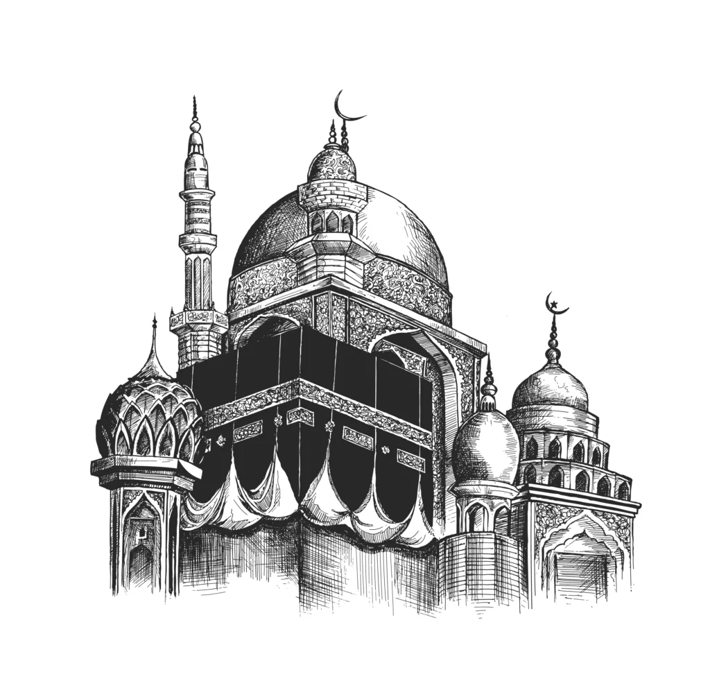 An intricate black-and-white sketch of the Kaaba and its surrounding architecture, featuring domes and minarets. The sketch showcases the grandeur and detailed design of the holy site. Sastaa Umrah, an affordable Umrah package provider based in the UK, offers exceptional services for your pilgrimage journey.